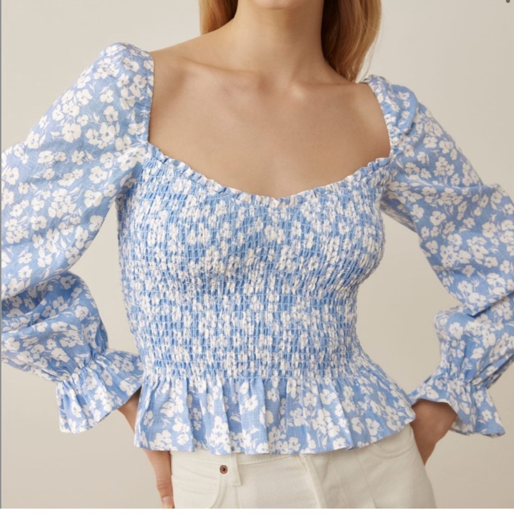 NWT Reformation Cambria Linen Blue Floral Top Sz S